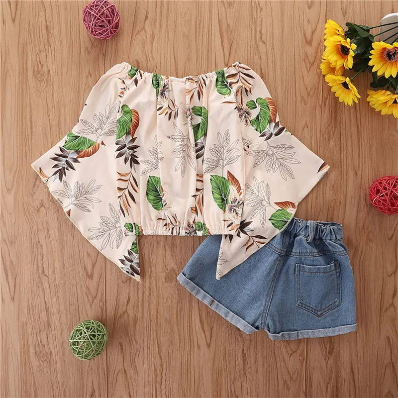 Girls Fashion Irregular Horn Sleeve Tops And Denim Shorts Set