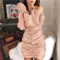 Women Fashion Long Sleeve One-Shoulder Creased Dress