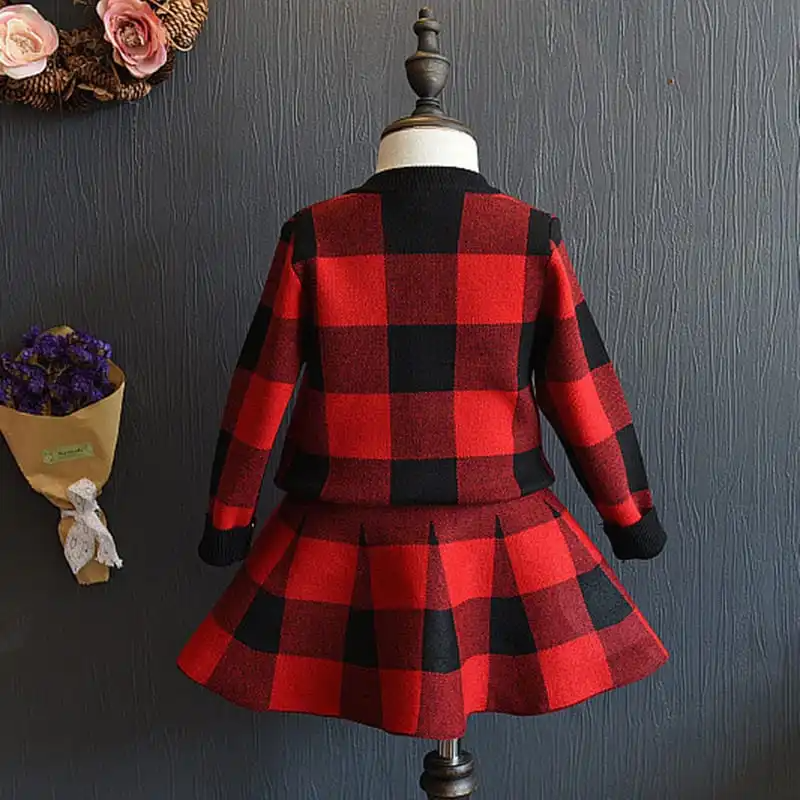 Girls Plaid Single-Breasted Tops And Skirt Set