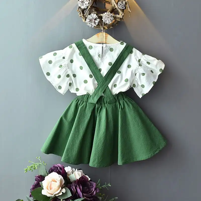 Girls Ruffled Polka Dot Tops And Suspender Skirt Set