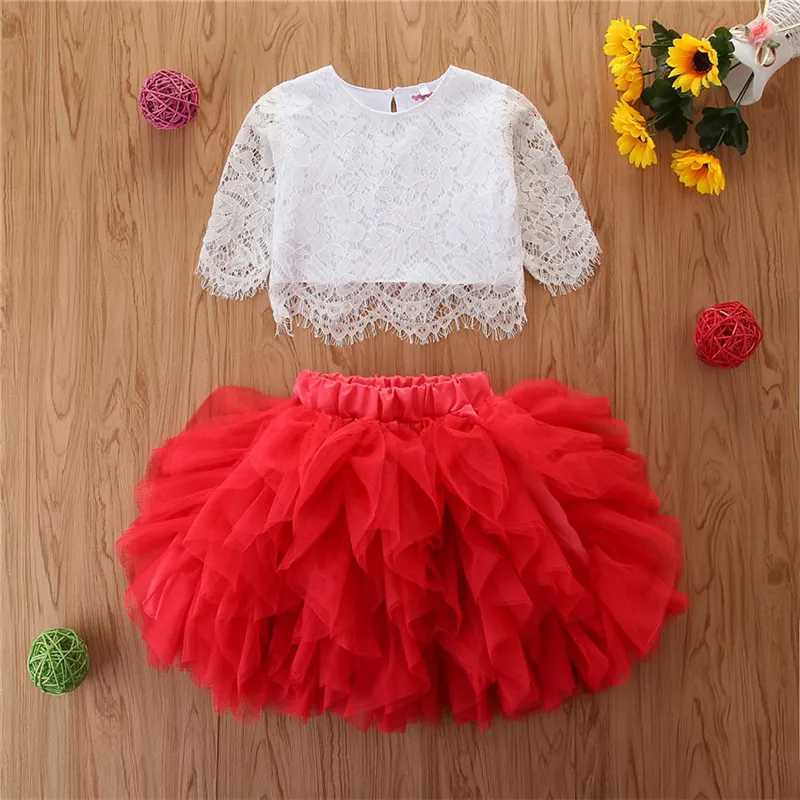 Girls Fashion Long-Sleeves Lace Tops And Fluffy Skirt Set