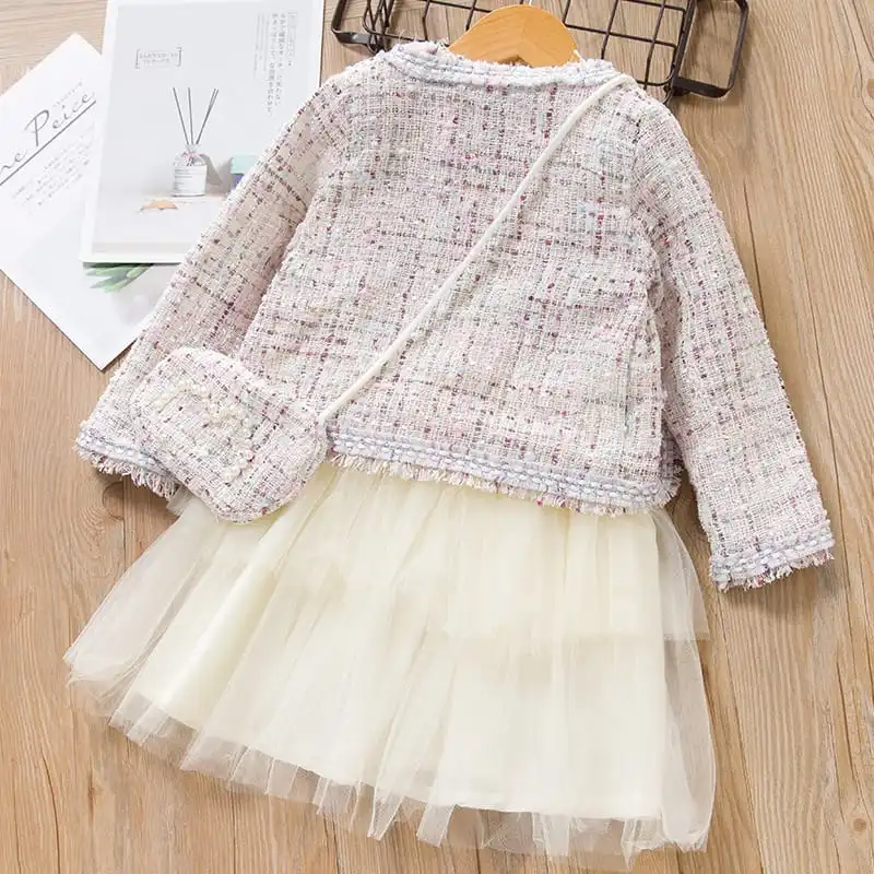 Girls Sleeveless Mesh Spliced And Long-Sleeves Coat With Bag Set