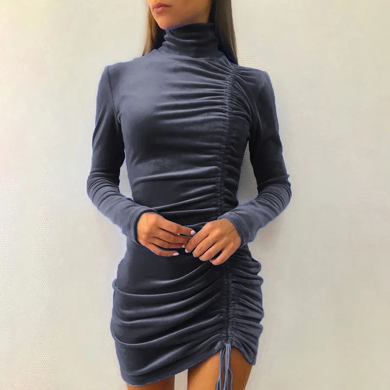 Women Elegant Solid Color Creased Drawstring Bodycon Dress