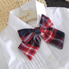 Girls Lapel Design Bowknot Decor Blouse And Plaid Skirt Set