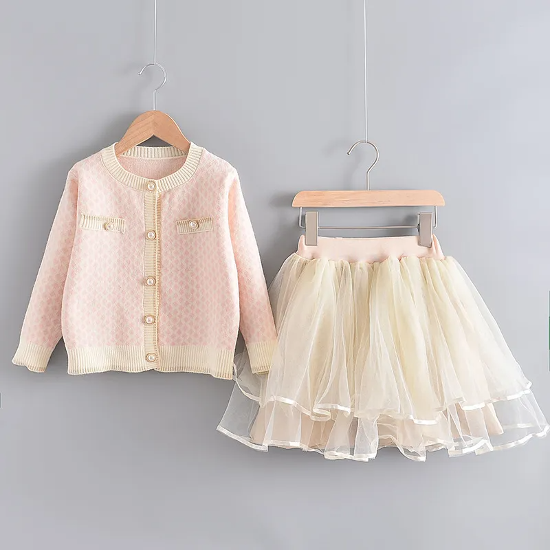 Girls Single Row Button Tops And Gauze Design Skirt Two-Piece Set