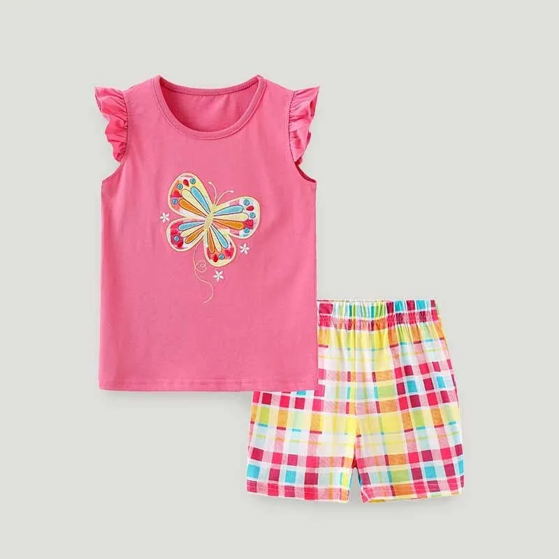 Kids Toddler Girls Casual Cute Butterfly Embroidery Fluttering Sleeve Round Neck T-Shirt Plaid Print Shorts Set