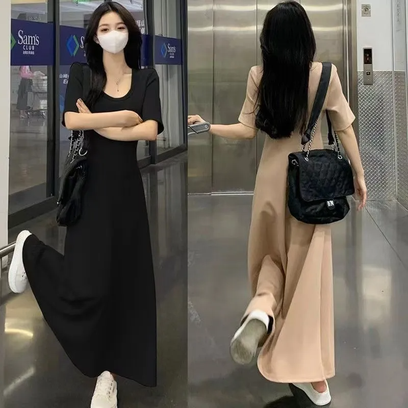 Women Casual Basic Solid Color Black Short-Sleeved Maxi Dress