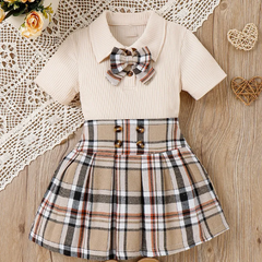 Children Kids Toddlers Fashion Girls Basic Casual Short Sleeve Lapel Bow Top And Plaid Skirt 2pcs Set