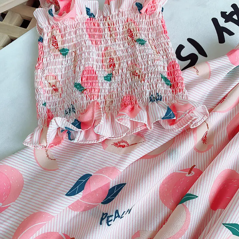 Girls Cute Stringy Selvedge Elastic Camisole And Fruit Design Skirt