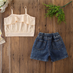 2 Pcs Girl Ruffled Spaghetti Strap Tops And Denim Jeans