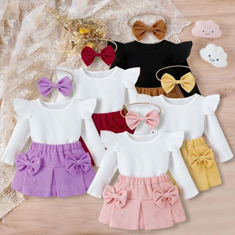 Kids Baby Toddler Girls Fashion Casual Solid Color Stripe Long Sleeve Round Neck T-Shirt Bow Skirt Sets