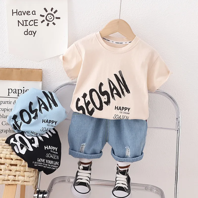 Boys Girls Neutral Summer Words Short-Sleeved Crewneck T-Shirt Denim Shorts 2-Piece Set