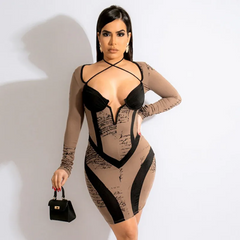 Women Elegant Halter Neck Color Blocking Long-Sleeved Letter Printed Bodycon Dress