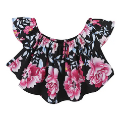 Girls Fashion Off-The-Shoulder Flower Pattern Tops And Shorts With Headband