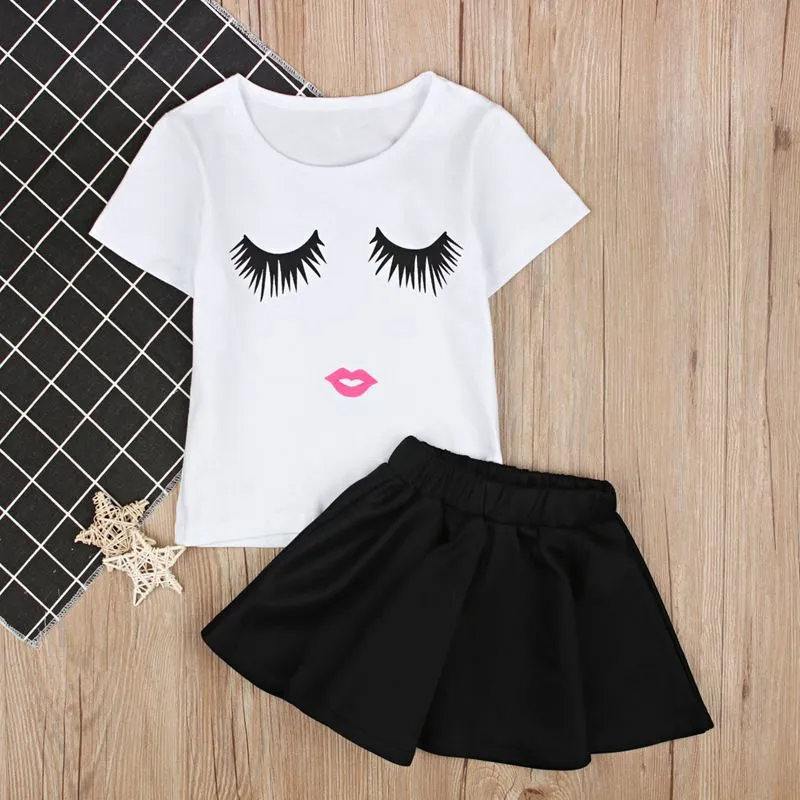 2 Pcs Set Girl White T-Shirts And Black Skirts