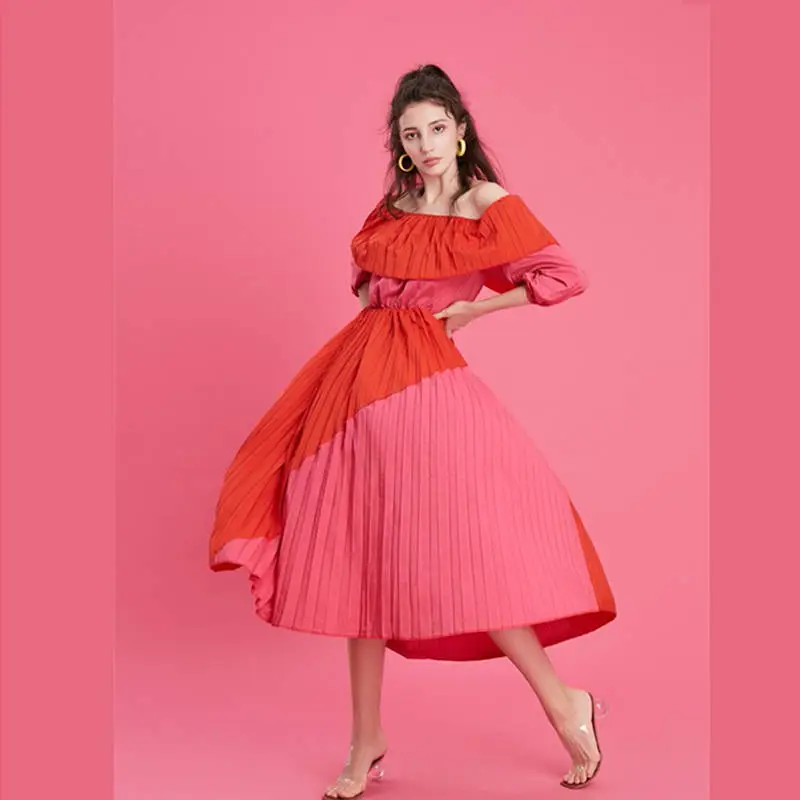 Women Off The Shoulder Pleated Long Sleeve Dresses