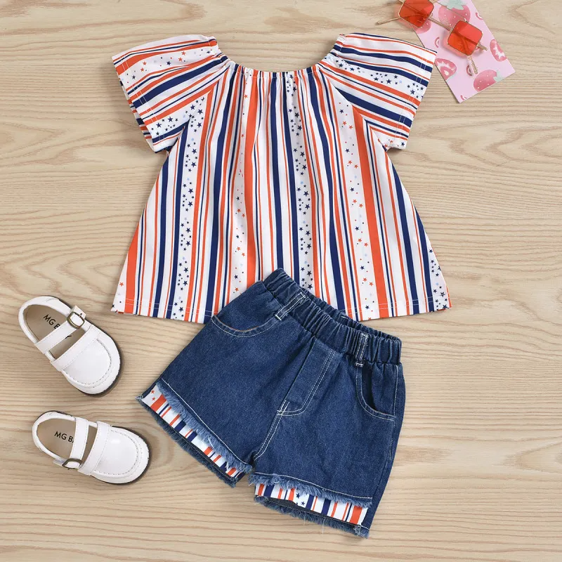 Children Kids Baby Fashion Girls Independence Day Flag Short Sleeve Star Print Top And Shorts 2pcs Set