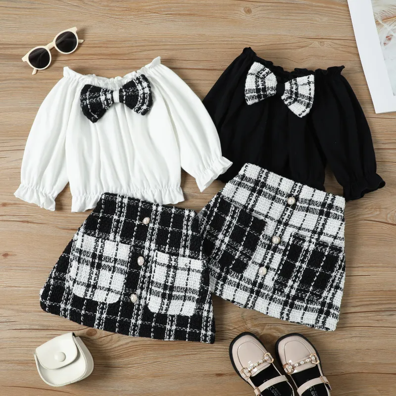 Children Kids Toddlers Girls Bowknot Tops And Plaid Skirts 2pc Set