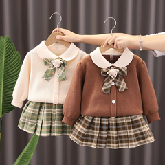 Kids Toddler Girls Autumn Winter Fashion Casual Simple Preppy Solid Color Cartoon Bear Bow Lapel Sweater Plaid Pleated Skirt Set