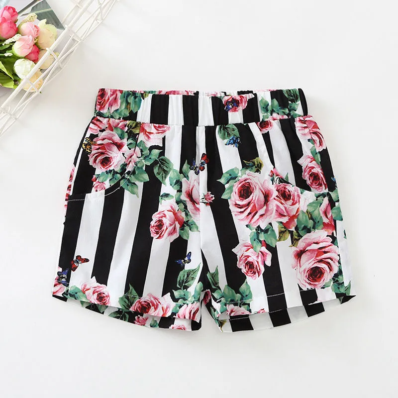 2 Pcs Set Girls Cotton Floral Printed Sleeveless Tops And Shorts