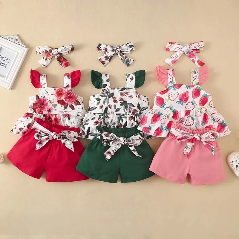 Kids Toddler Girls Casual Cute Bow Leaves Floral Strawberry Floral Sleeveless Top Shorts Sets