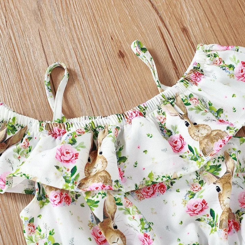 2 Pcs Set Girl Flower Rabbit Print Tops And Shorts