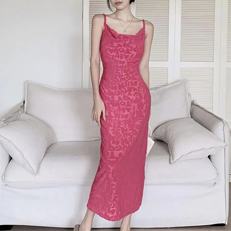 Women Elegant Fashion Alphabet Letter Jacquard Barbie Pink Strap Long Dress