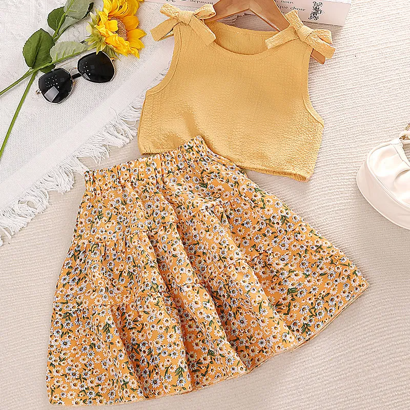 Children Kids Toddlers Fashion Girls Bow Knot Vest Top And Flower Skirt 2pcs Set