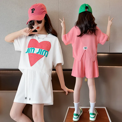 Children Kids Youth Fashion Girls Round Neck Short Sleeve Heart Print T-Shirt And Shorts Two-Piece Set