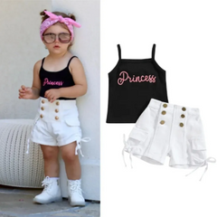 Kids Toddler Baby Girls Casual Letter Vest And Denim Double-Breasted Shorts Two-Piece Set