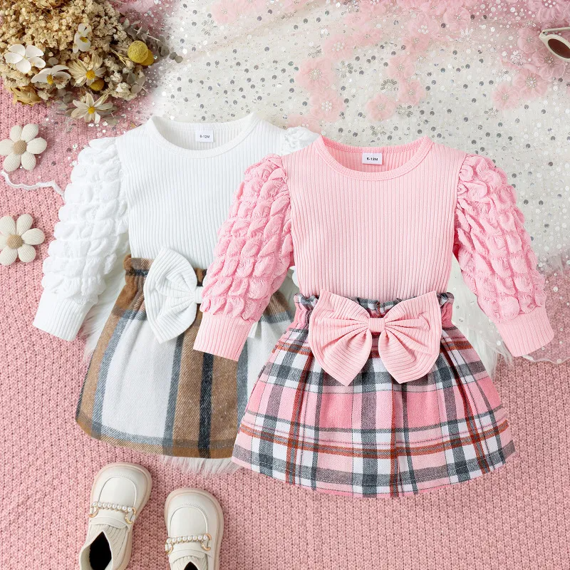 Kids Baby Toddler Girls Fashion Casual Cute Solid Color Bow Puff Sleeve Round Neck Top Skirt Set