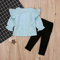 2 Pcs Set Girls Round Neck Flare Sleeves Blouse And Black Pants