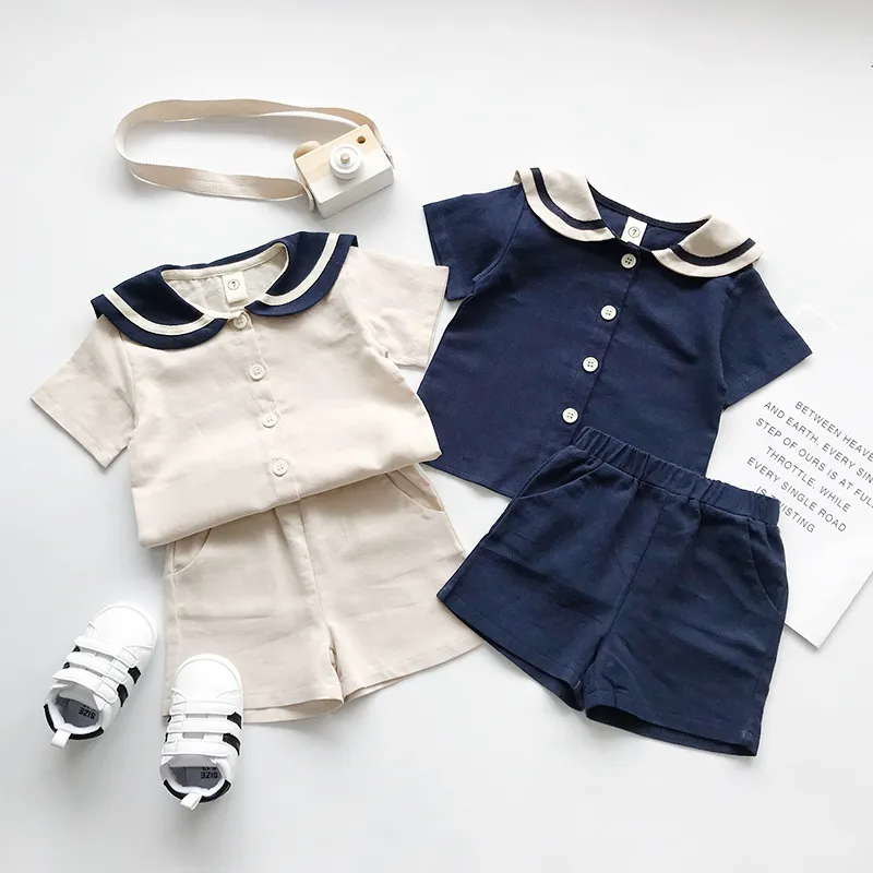 Children Kids Baby Fashion Boys Girls Short Sleeve Peter Pan Collar Shirt And Shorts 2pcs Set