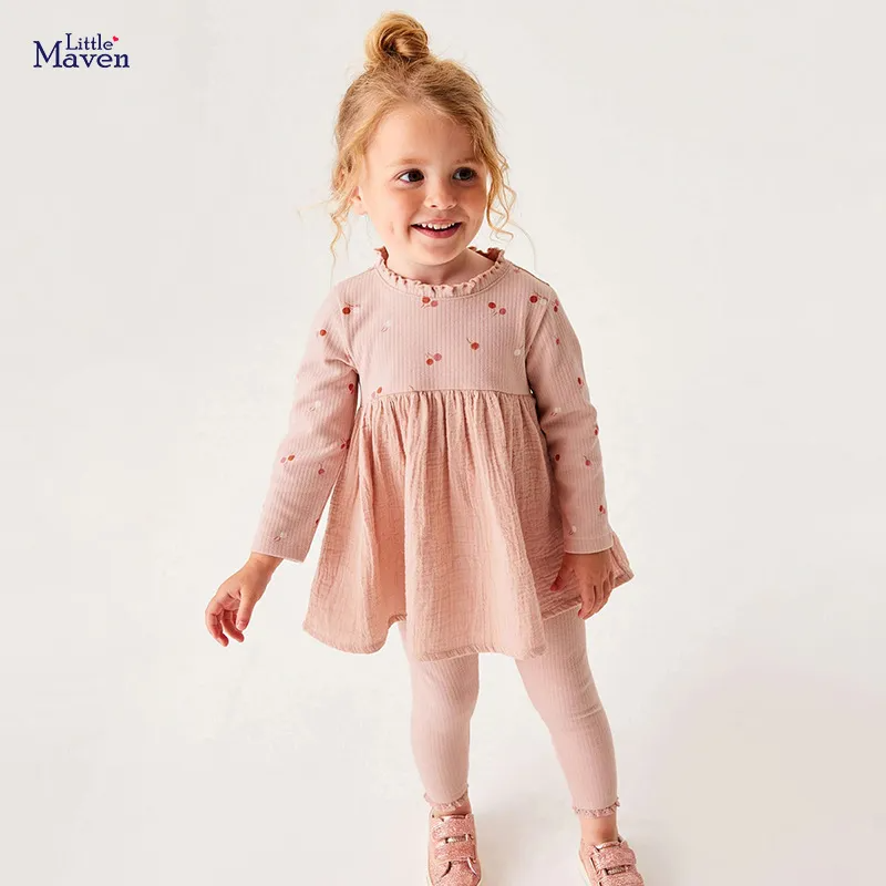 Kids Toddler Big Girls Spring Autumn Fashion Casual Cute Solid Color Floral Round Neck Long Sleeve Stitching Dress Trousers Set