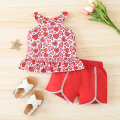 Kids Toddler Girls Casual Cute Sweet Heart Print Sleeveless TOP Shorts Set