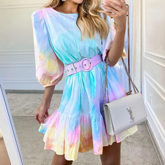 Women Fashion Tie Dye Puff Sleeve Flounced Swing Dress