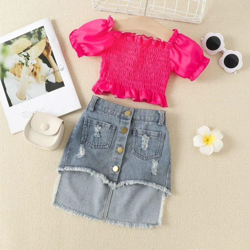 Children Kids Toddlers Girls Short Sleeve Top And Denim Skirt 2pcs Set