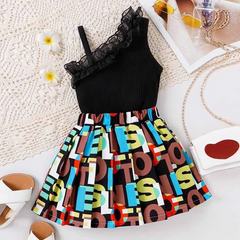 Kids Toddler Girls Casual Cute Solid Color Sleeveless One-Shoulder Top Letter Print Skirt Set