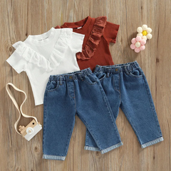 Children Kids Toddlers Fashion Girls Short Sleeve Solid Color Pit Strip T-Shirt And Denim Pants 2pcs Set