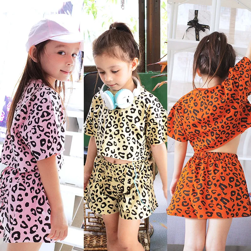 Children Kids Baby Fashion Girls Casual Basic Short Sleeve Leopard Print T-Shirt And Shorts 2pcs Set