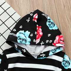 Girls Long-Sleeves Striped Flower Pattern Hoodie And Pants Set