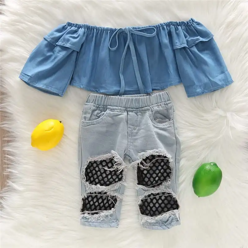 Kids Off-The-Shoulder Denim Top And Hole Fishnet Design Jeans Suit