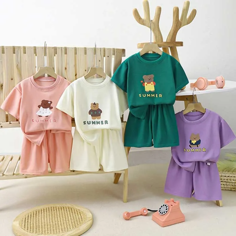 Kids Toddler Big Boys Girls Casual Cute Cartoon Bear Letters Print Short Sleeve Round Neck T-Shirt Shorts Set