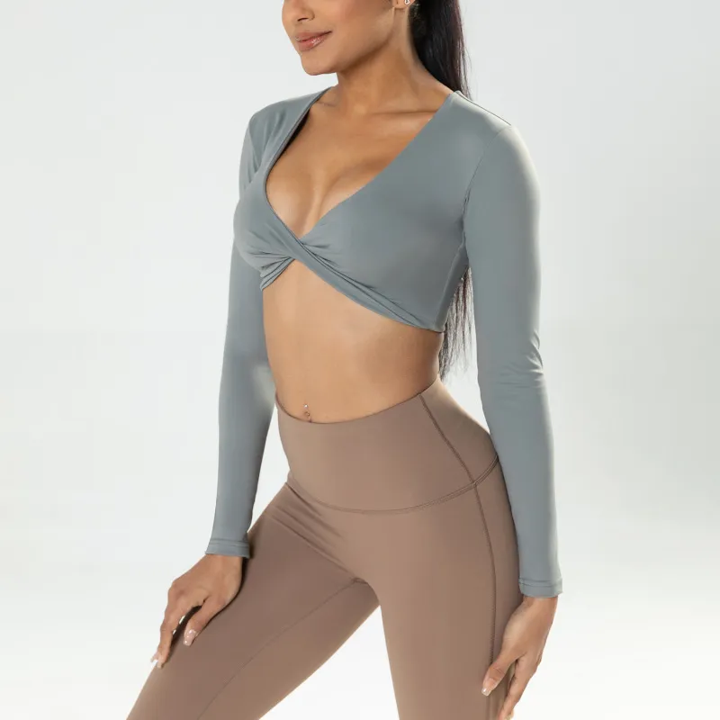 Women'S Sports Long Sleeve Fitness Deep V Neck Slim Fit Breathable Navel Yoga Clothes Top