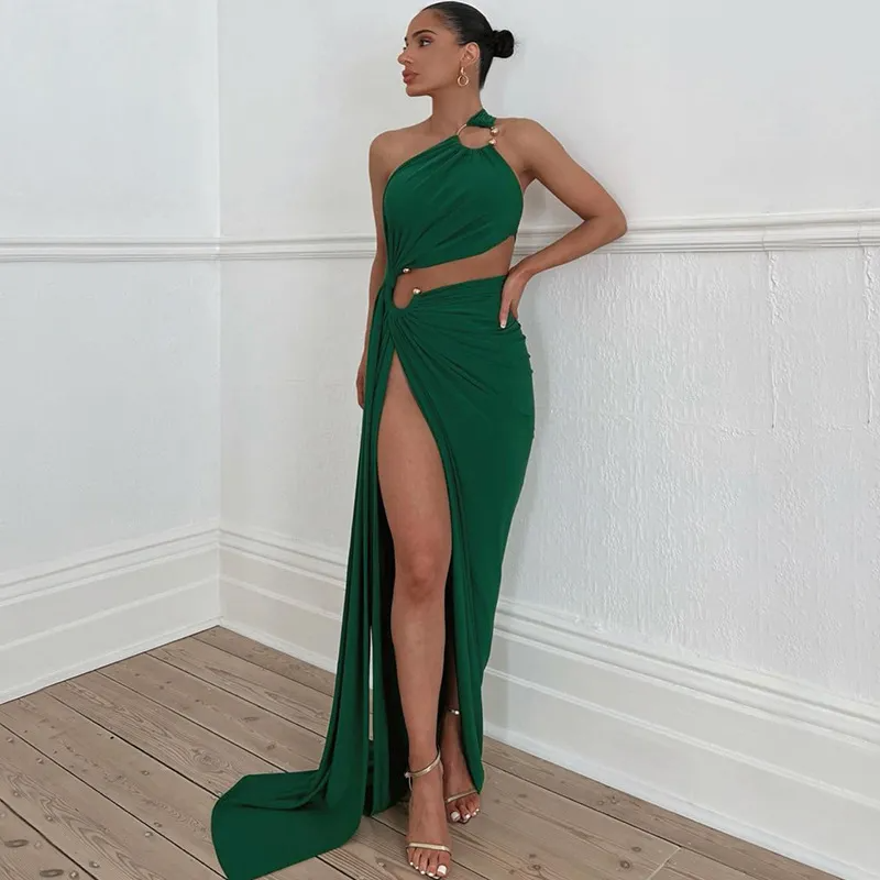 Fashion Women Solid Sexy Backless Hollow Strapless Open Side-Slit Maxi Party Dress