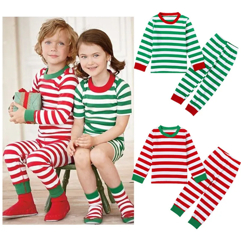 Children Kids Baby Fashion Girls Boys Christmas Long Sleeve Stripe Print Top And Pants 2pcs Set