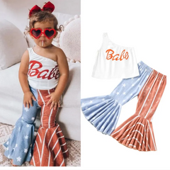 Children Kids Baby Fashion Girls Slanted Shoulders Letter Print And Star Flared Pants 2pcs Set