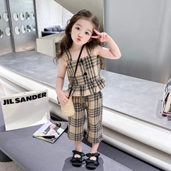 Children Kids Baby Fashion Girls Sleeveless Plaid Print Suspenders Tops And Pants 2pcs Set