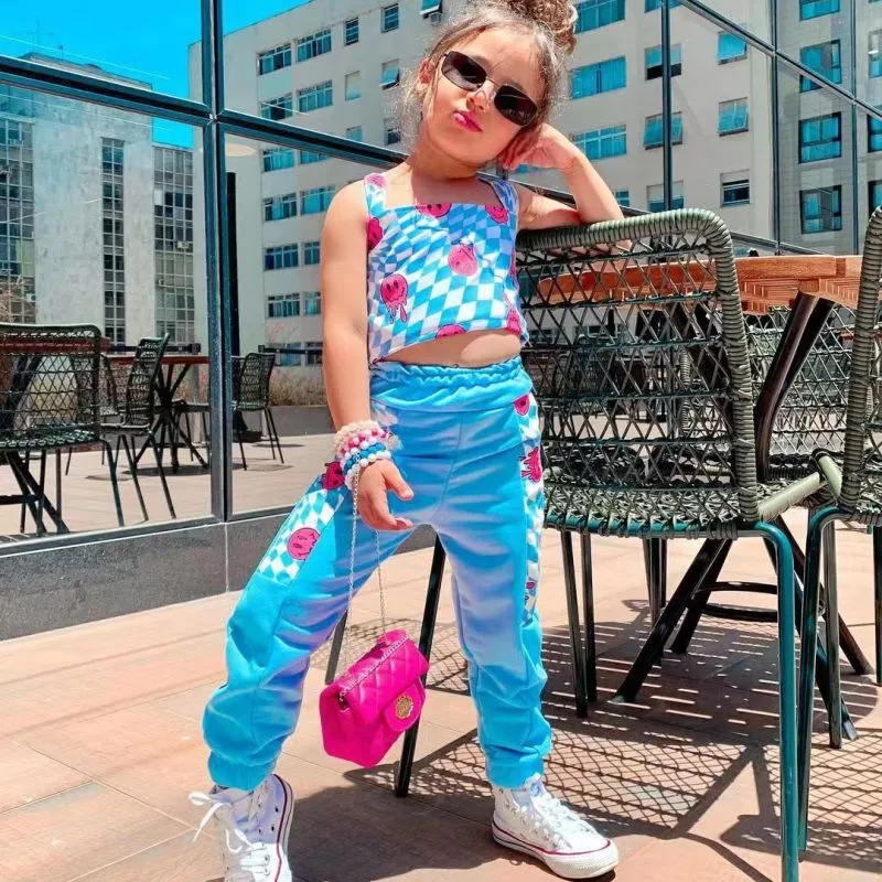 Kids Toddler Big Girls Summer Fashion Casual Cute Color Matching Playd Smiley Face Vest Trousers Set