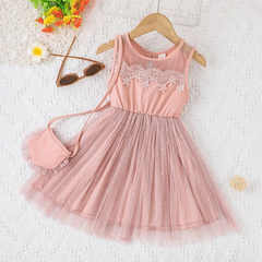 Children Kids Baby Fashion Girls Sleeveless Sweet Flower Lace Mesh Dress And Cute Bag 2pcs Set